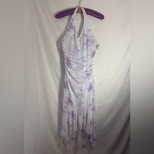 Y2K White Purple Floral Ruched Halter High Low Ruffle Hem Fairy Dress Size S-M